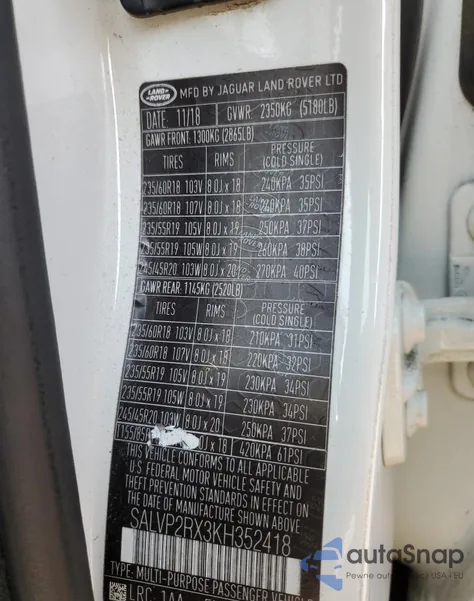 2019 Land Rover Range Rover Evoque Se из США, поврежденный, VIN SALVP2RX3KH352418